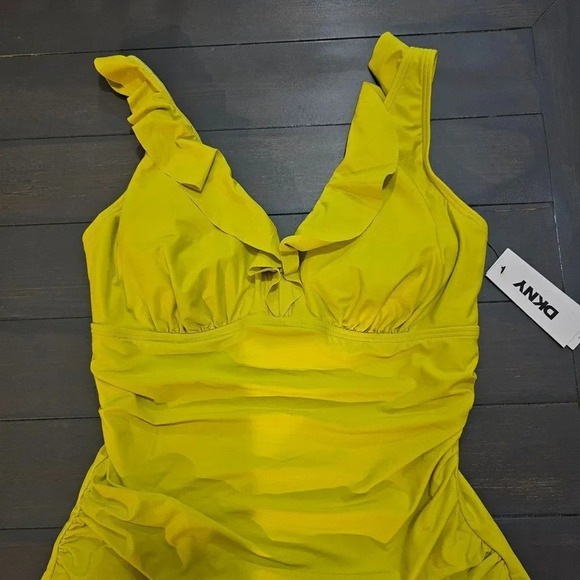 DKNY Women Bright Yellow Ruffle Detail underwire One Piece Swimsuit Size Medium - Picture 3 of 12